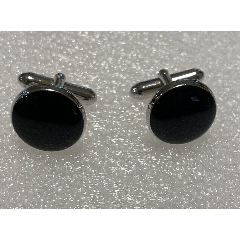 Men Silver Tone Round Black Enamel Tuxedo Cufflinks Shirt Cuff Links Formal